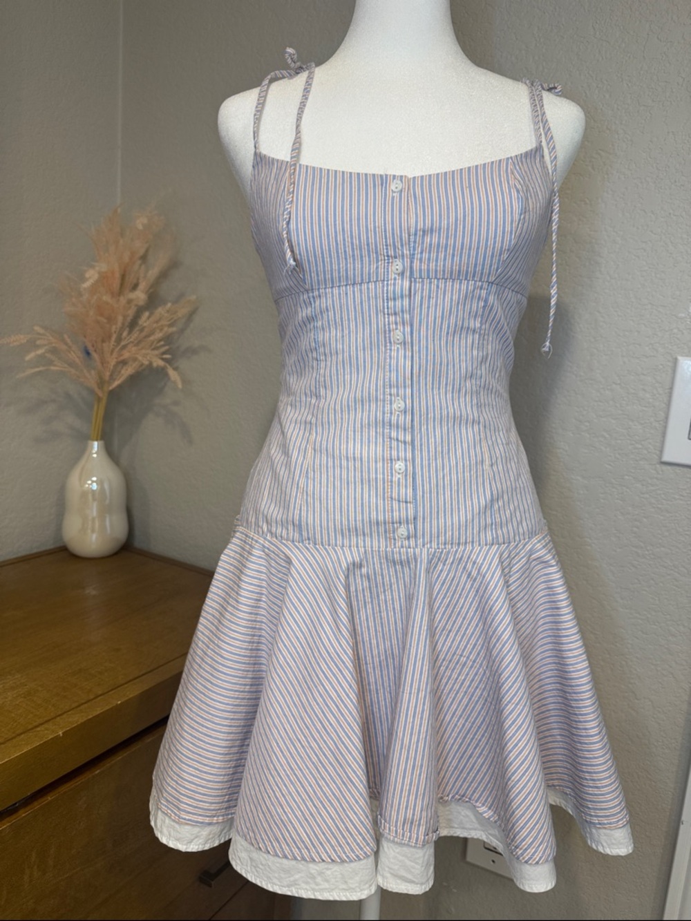 Zara Blue and White Striped Tie-Shoulder Mini Dress